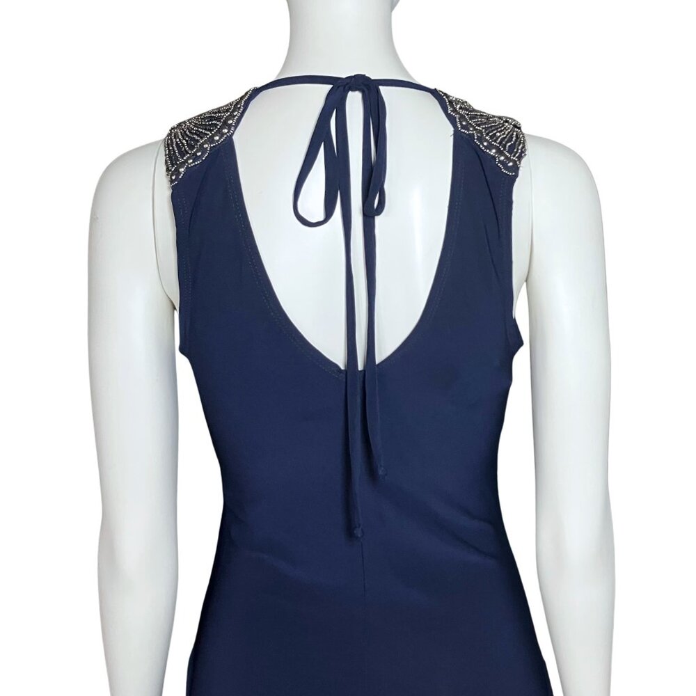 Vintage Y2K Navy Blue Beaded Cocktail Hoco Dress. S/M. Silver Boho Glam Party - Picture 10 of 14